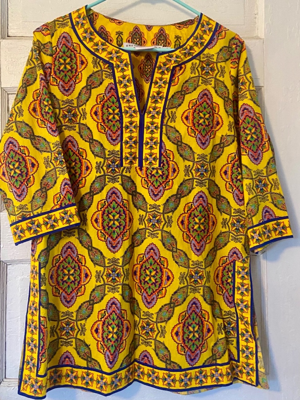 NWOT Gretchen Scott Designs Tunic Top Boho Border Print Size S  paisley  slits